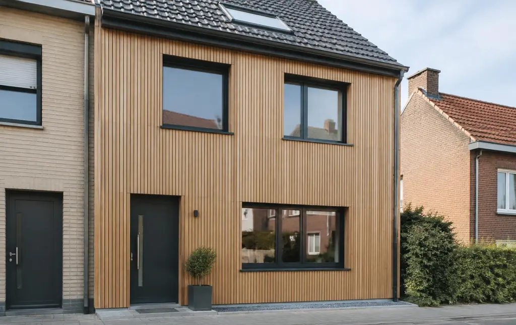 Façade de maison rénovée avec un bardage bois vertical et isolation par l'extérieur à Mons