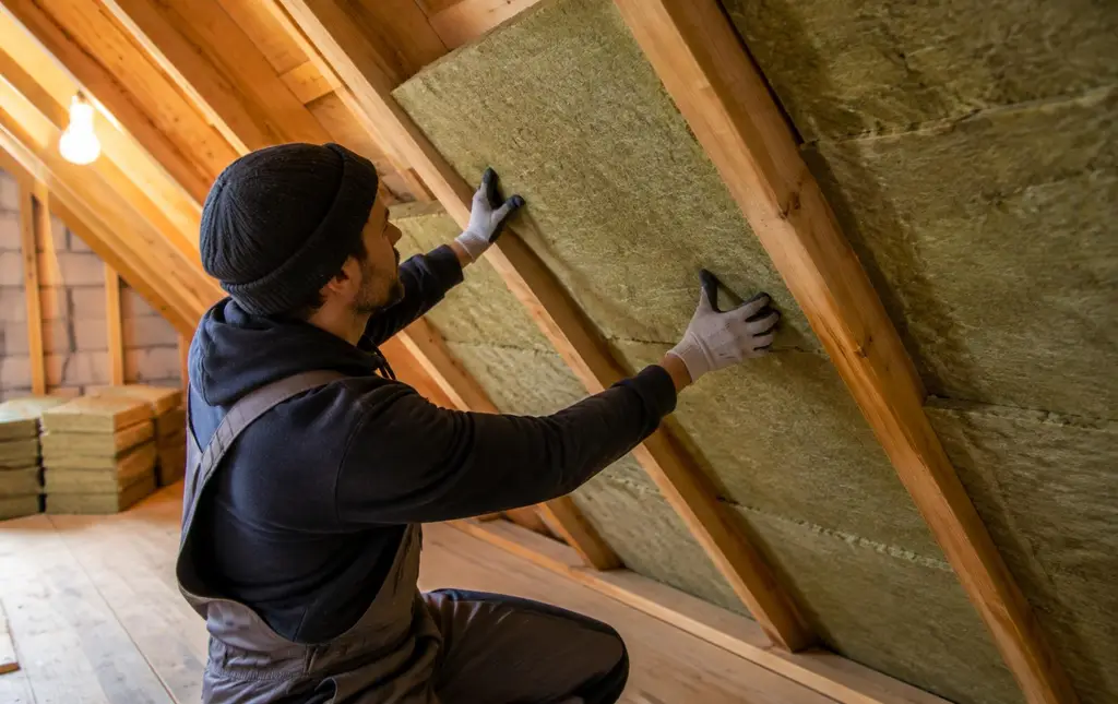 Pose d'isolant en laine minérale entre les chevrons des combles d'une maison à Mons