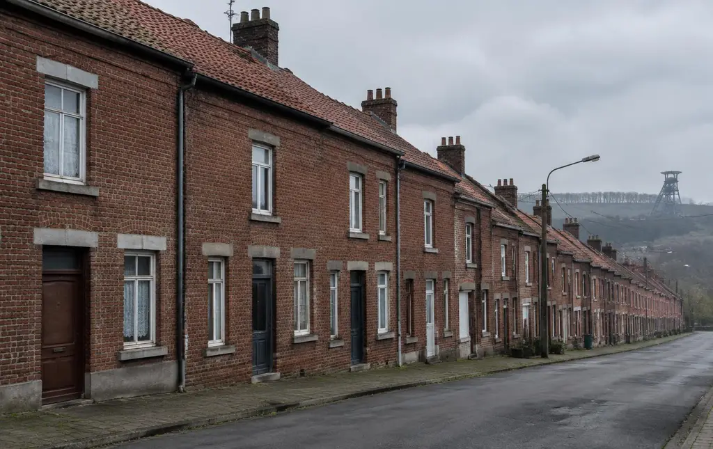 Rangée de maisons ouvrières aux toitures en tuiles dans le Borinage
